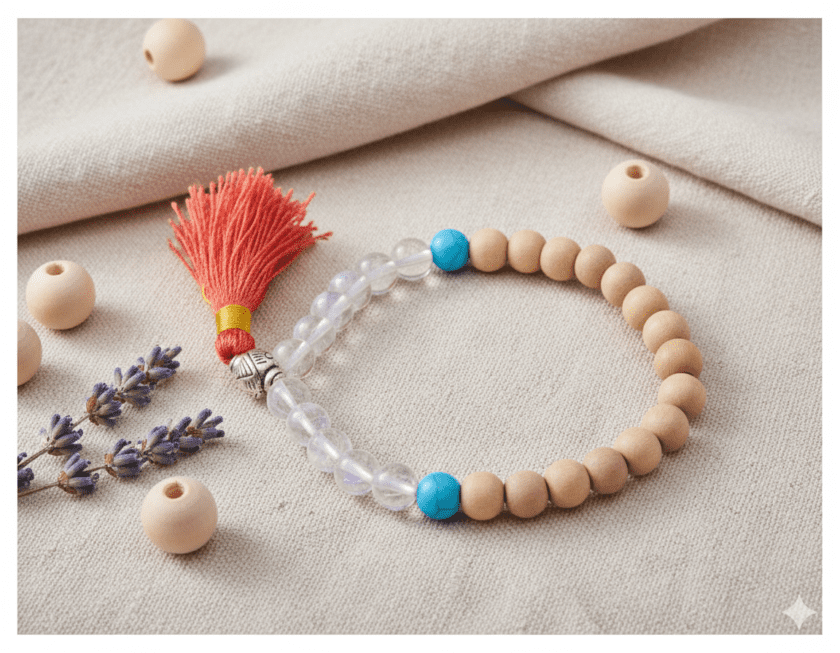 Healing Bracelet(ब्रेसलेट) With Natural Sandal(चन्दन), Gemstones And Sphatik(स्फटिक)