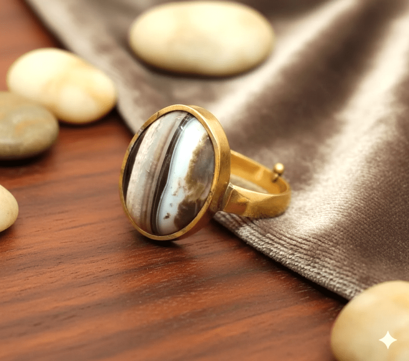 High Quality Certified Sulemani Hakik Stone Ring In Brass With Certificate(सुलेमानी हकीक स्टोन रिंग) | Size- Adjustable | Weight- 6.34 gram