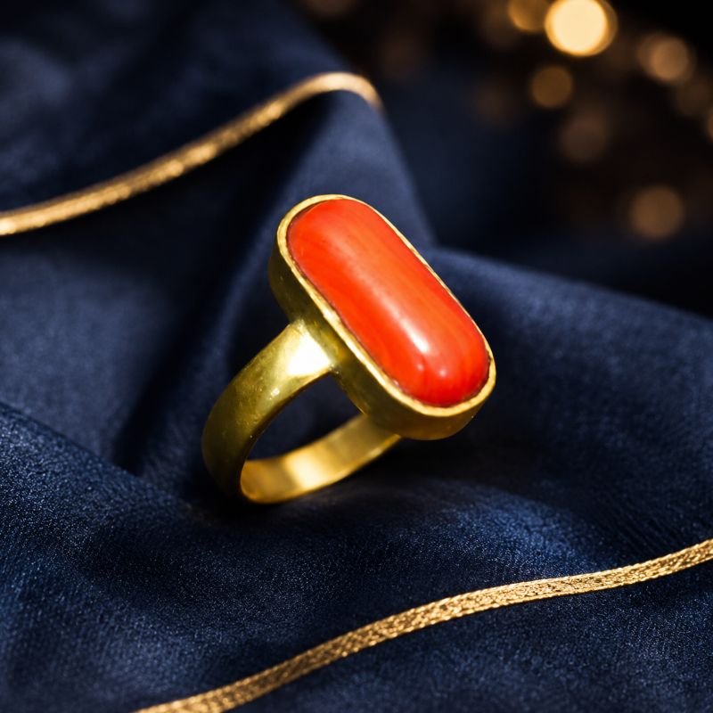 Semi Precious Coral(Munga) Stone Panchdhatu Ring | मूंगा स्टोन पंचधातु रिंग | Size- 19