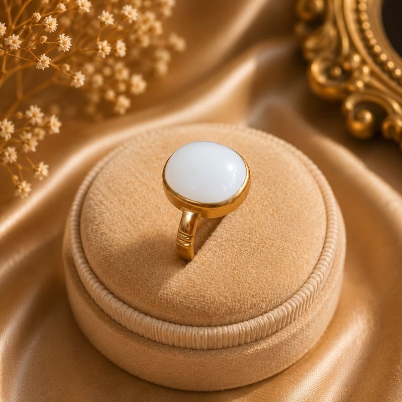 White Hakik Stone Panchdhatu Ring | पंचधातु सफ़ेद हकीक रिंग | Size-18